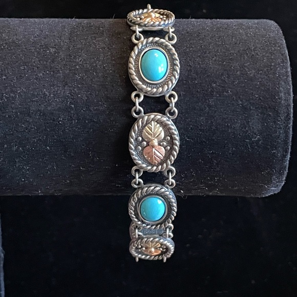 Black Hills Gold & Sleeping Beauty Turquoise Sterling Silver/10ct Gold Bracelet - Picture 1 of 3